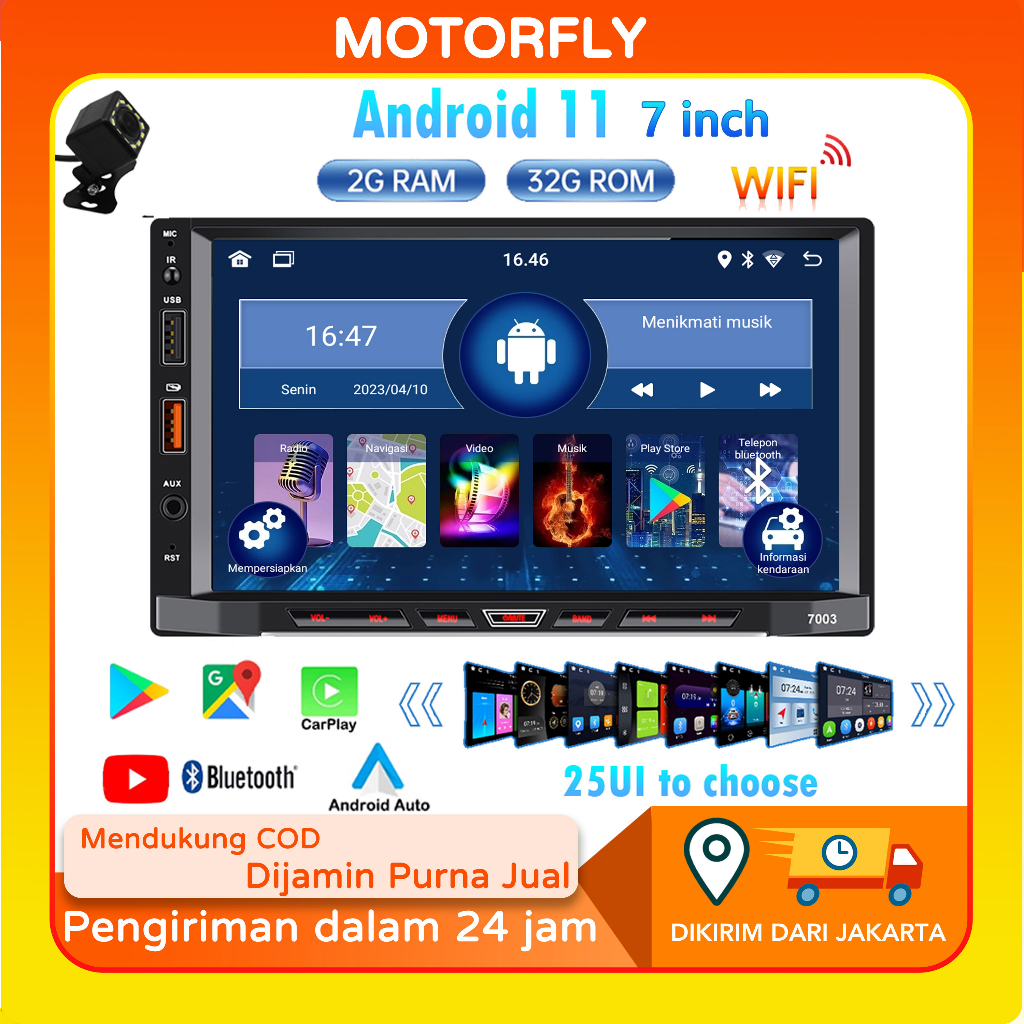 GEARELEC Car Radio Mobil Navigasi 2G + 32G Android11 Head Unit support apple carplay&amp;Android Auto with 25 tema car radio untuk TOYOTA Daihatsu Mitsubishi HONDA SUZUKI Hyundai NISSAN 7 Inci IPS Lapisan Layar Sentuh  Dukungan WiFi/GPS/youtube