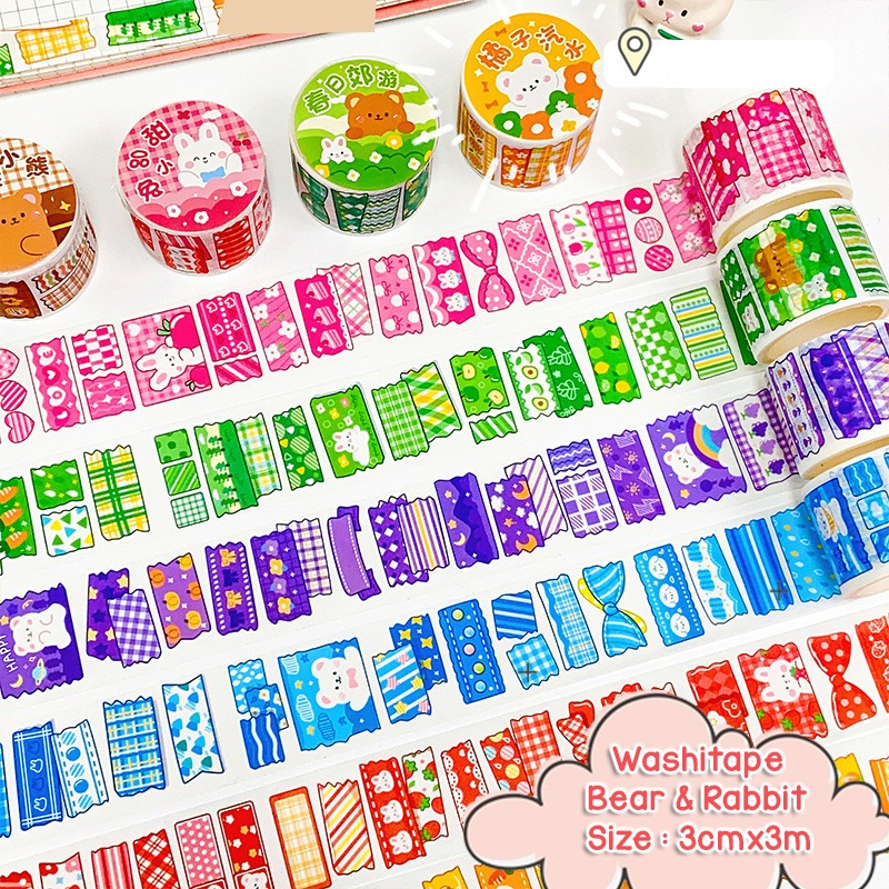 WASHITAPE MASKING TAPE BEAR AND RABBIT SERIES SELOTIP KERTAS LUCU KAWAII CUTE TEMA BERUANG KELINCI KARTUN CERITA DONGENG UNTUK SCRAPING BOOK SCRAPBOOK AESTHETIC JOURNAL JOURNALING @banyak