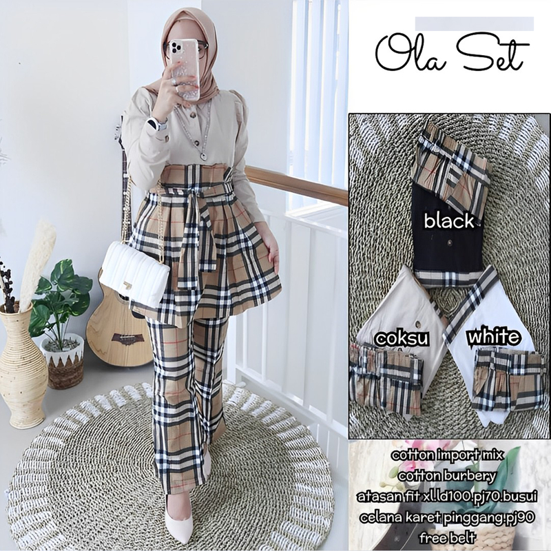 Ramdan Collection - Olaa One Set Tunik Wanita Kekinian Ruffle Full Kancing Premium Burberry Baju Setelan Wanita Terbaru Import Korean Style Jumbo Fashion Muslim