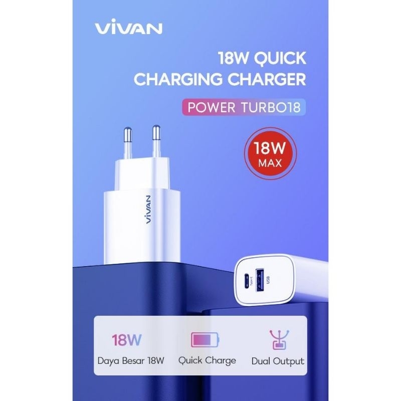 VIVAN Adaptor Charger Power Turbo 18 Dual Port Output Quick Charge 3ACharger VIVAN Dual Port USB (QC3.0) &amp; Type-C (PD) 3A 18W Power Turbo Garansi 1th