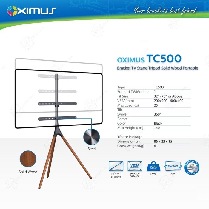 OXIMUS TC500 Bracket TV Standing Tripod Sudut Portable Kayu 32&quot; - 70&quot;