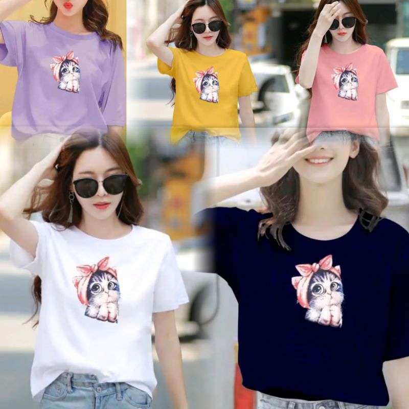 Kaos Atasan Cewek Gambar Kucing Pita (LD 43-49 , P 58-64)