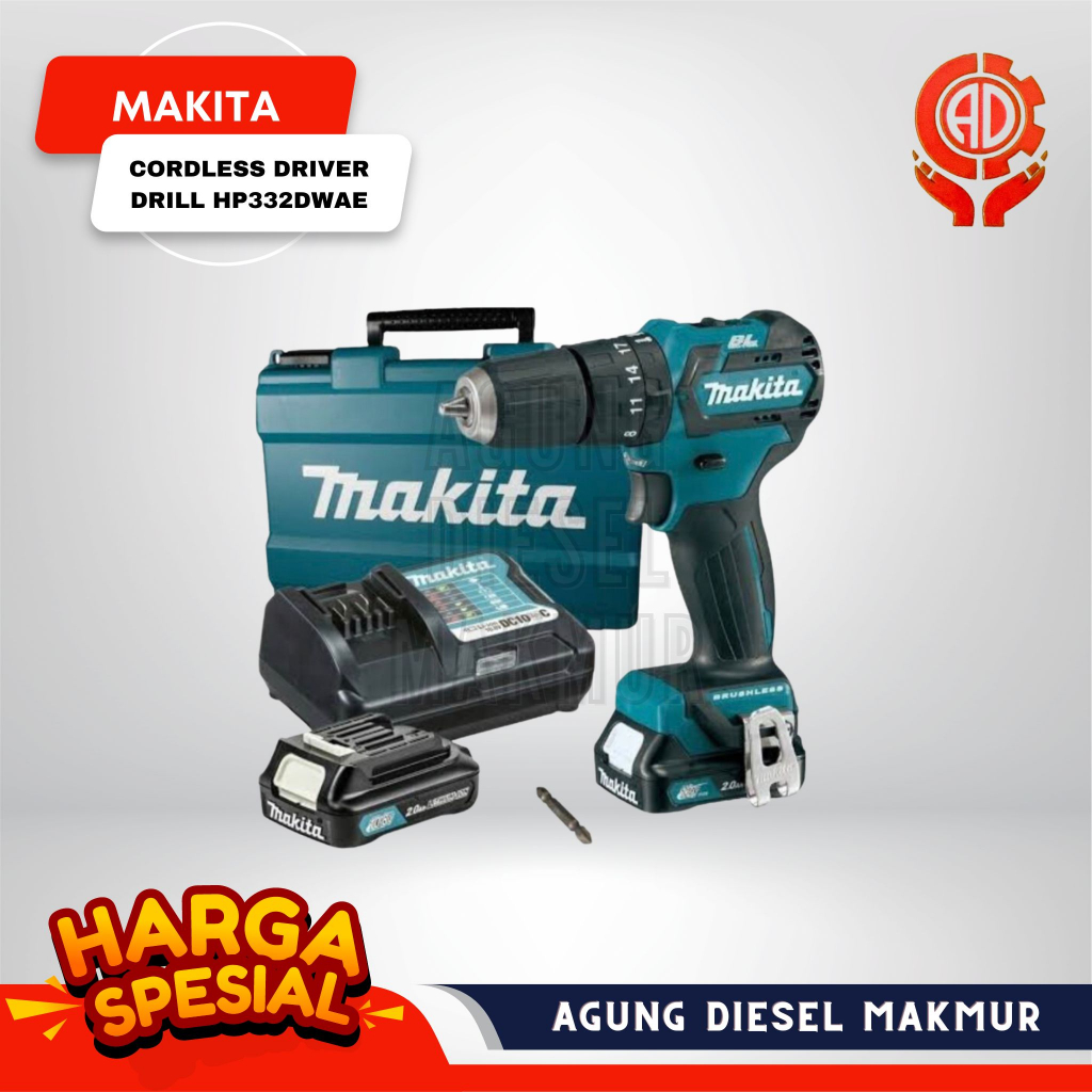 Makita Cordless Driver Drill Mesin Bor Baterai Brushless HP 332 DWAE