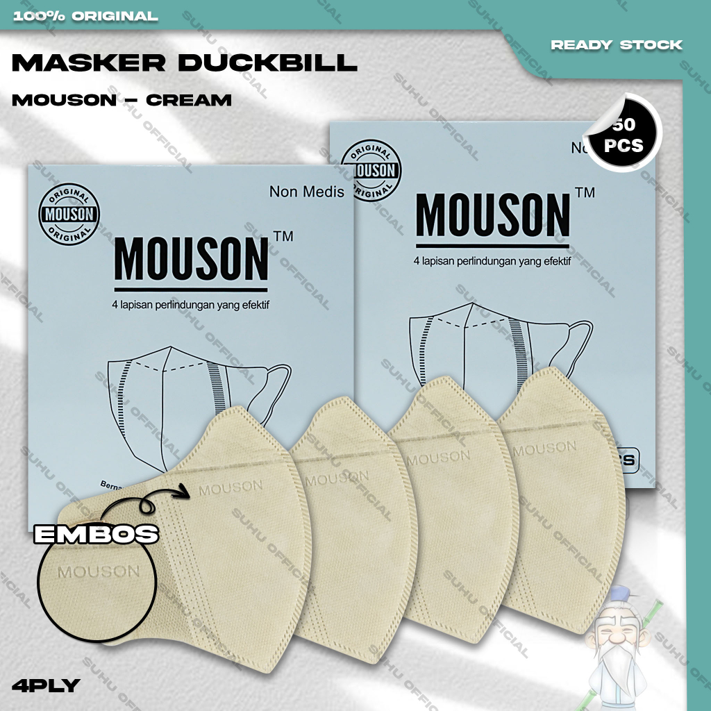 Masker Duckbil  MOUSON 4Ply isi 50Pcs Warna Cream Duckbill 4 Ply Earloop Surgical Mask