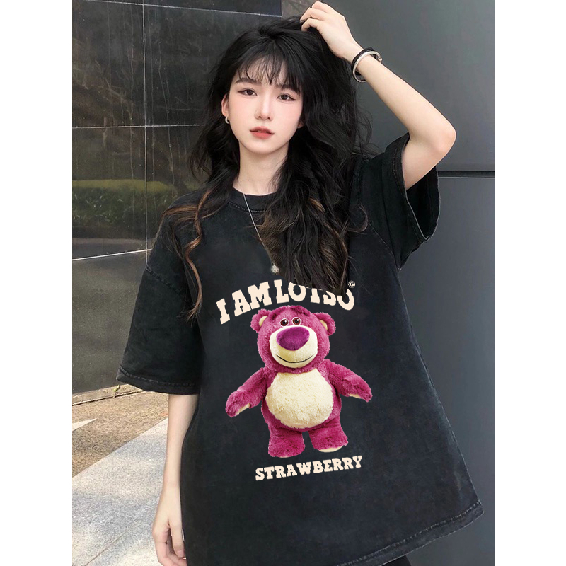 EUNII T-shirt Lengan Pendek Black Washed Cute Strawberry Bear Printing Korean Style/Kaos Atasan Wanita/Baju Wanita