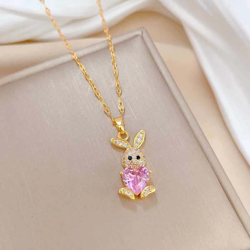 kalung kelinci hati pink titanium cantik