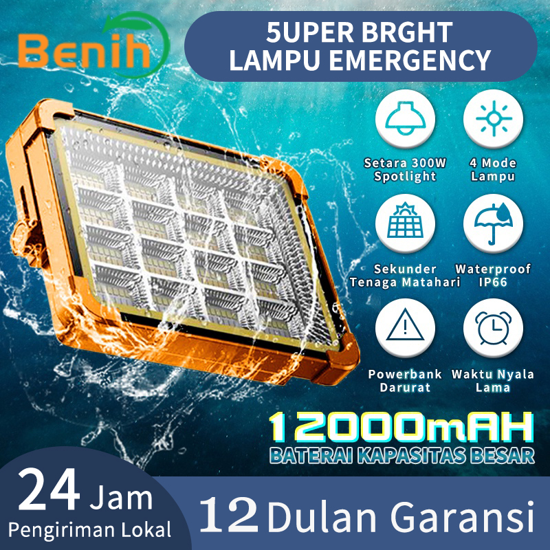 BENIH Lampu Tenaga Surya Luar Tahan Air 300W Lampu Luar Ruangan LED Lampu Luar Ruangan Tenaga Surya untuk Pintu Depan, Halaman Belakang, Tangga, Garasi, Taman