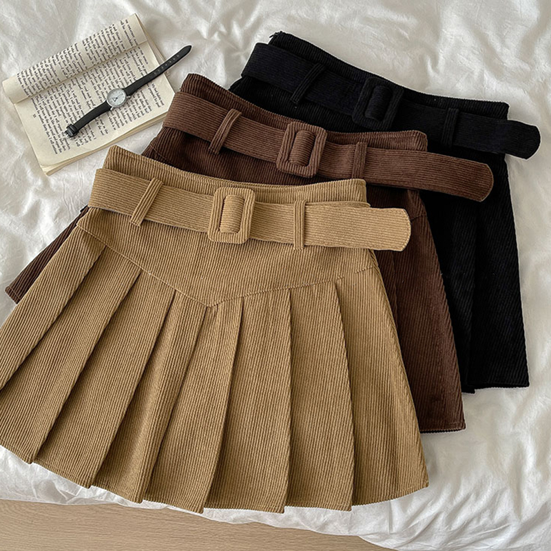 Rok Korean Style Corduroy Rok Plisket Hitam High Waist Vintage Skirt Mini