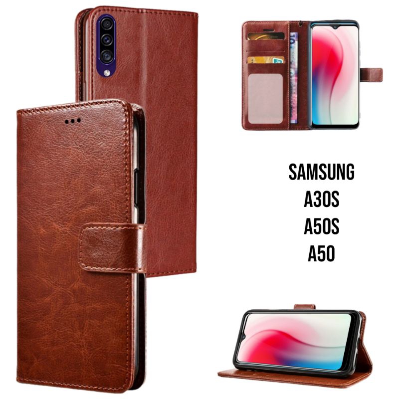 SAMSUNG A50 / A50s / A30s casing dompet flip polos kulit asli premium