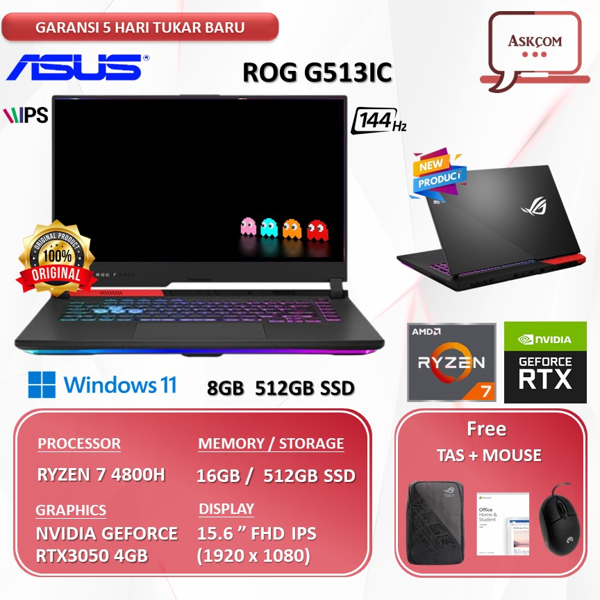 Laptop Gaming Asus Rog G513IC R735B7GO11 RTX3050 4GB RYZEN 7 4800H 8GB 512GB SSD W11 OHS2021 15.6FHD 144HZ RGB