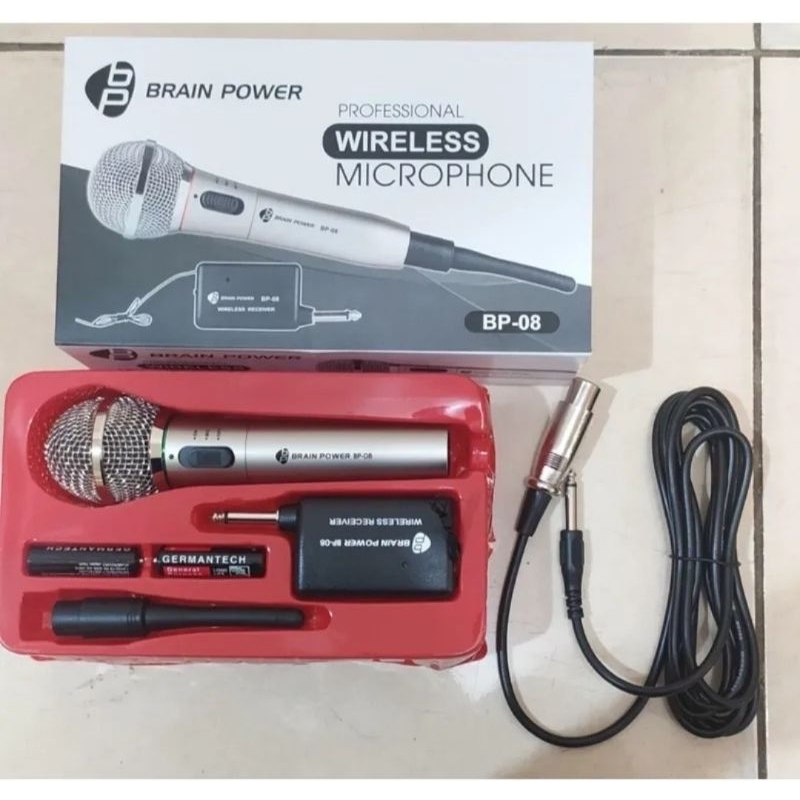 Microphone 2 In 1 Mic Profesional Brain Power BP08 Mic Wireless dan Kabel  Mikrofon Portable