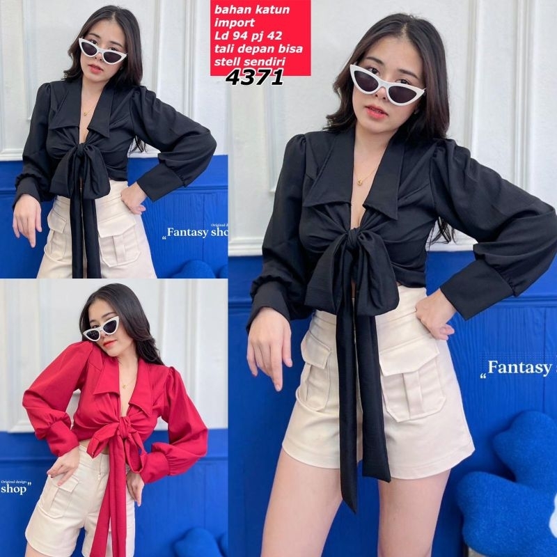 crop kemeja tali depan polos 4371(premium bkk) bahan katun bkk fit to L