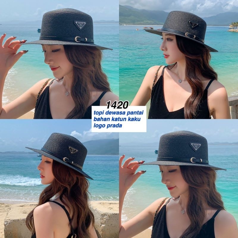 topi dewasa pantai prada 1420  bhn katun kaku logo prada
