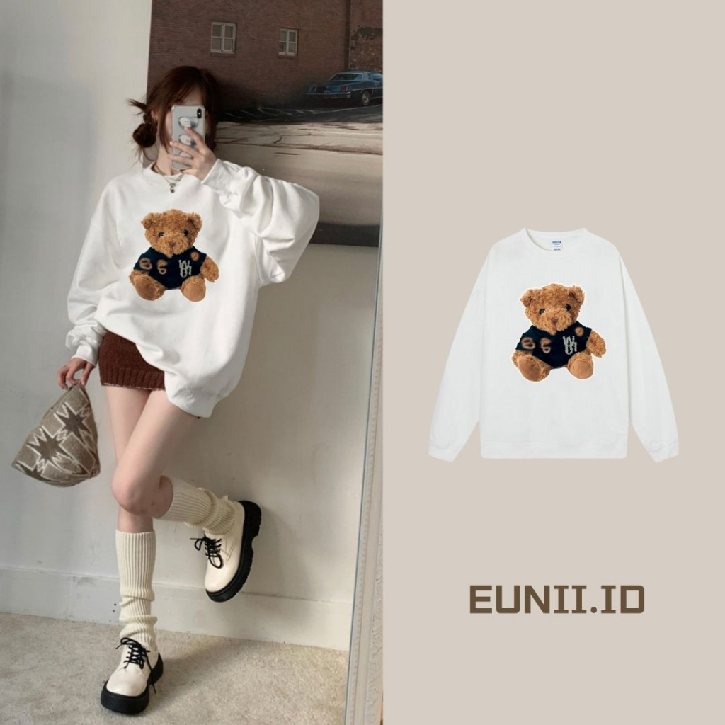 EUNII Sweater Lengan Panjang Cartoon Plush Bear Toy Painting Korean Style/Hoodie Oversize/Baju Wanita/Switer Wanita