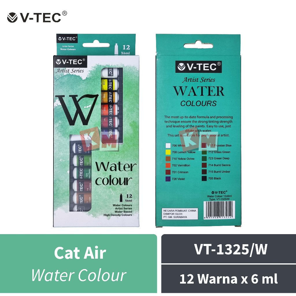 Water Colour / Cat Air V-TEC VT-1325/W 12 Warna 6 ml Tube Watercolor