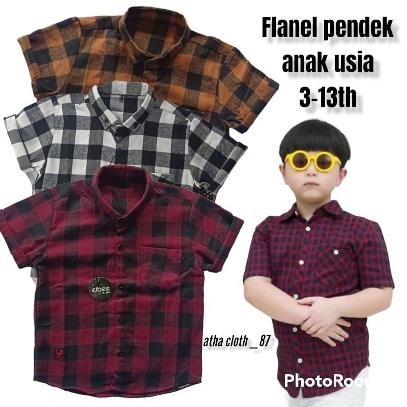Baju kemeja flanel anak laki laki lengan pendek baju atasan kotak kotak usia 3 sampai 12 tahun