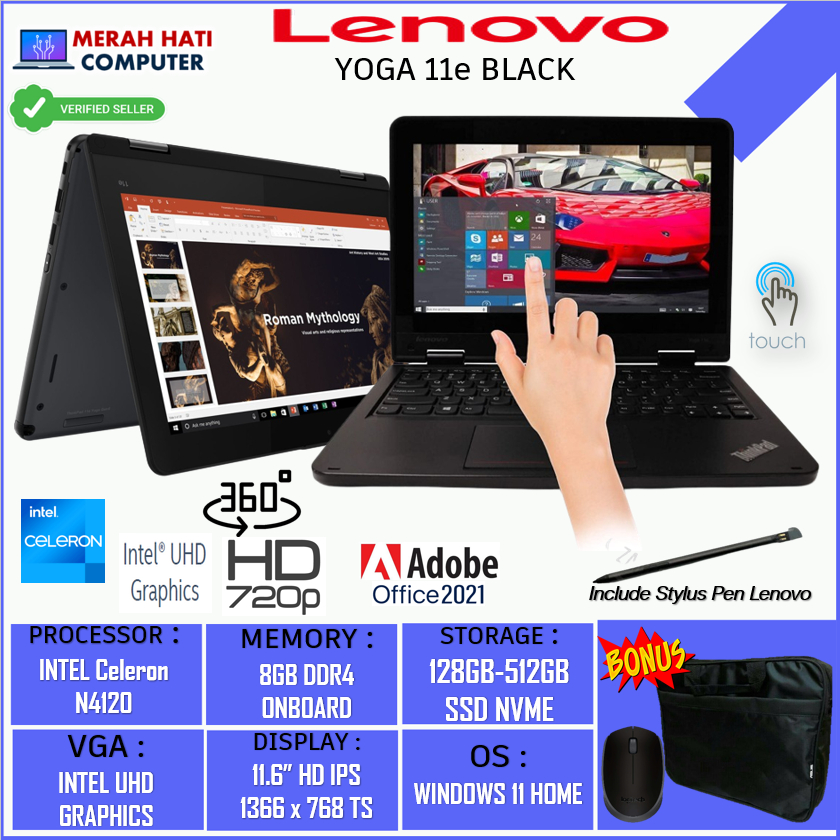 Laptop 2in1 Murah Lenovo Yoga 11e Intel N4120 RAM 8GB SSD 512GB Touch Stylus W11 Home Original Terlaris