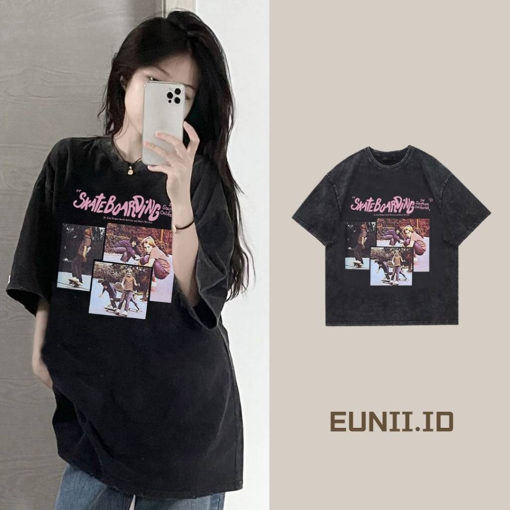 EUNII T-shirt Lengan Pendek Black Washed Vintage PInk CD Printing Korean Style/Kaos Atasan Wanita/Baju Wanita