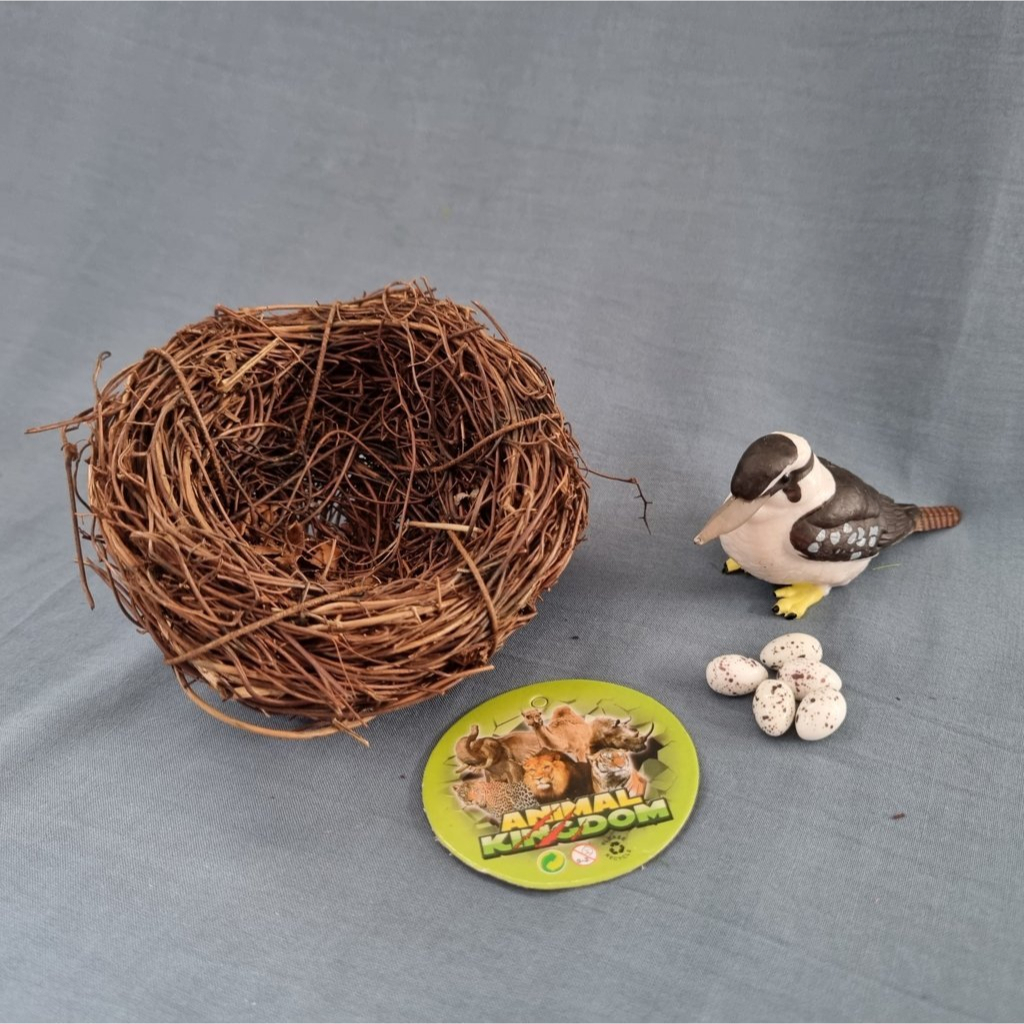 Miniatur burung Kingfisher sarang telur asli ranting kayu diorama
