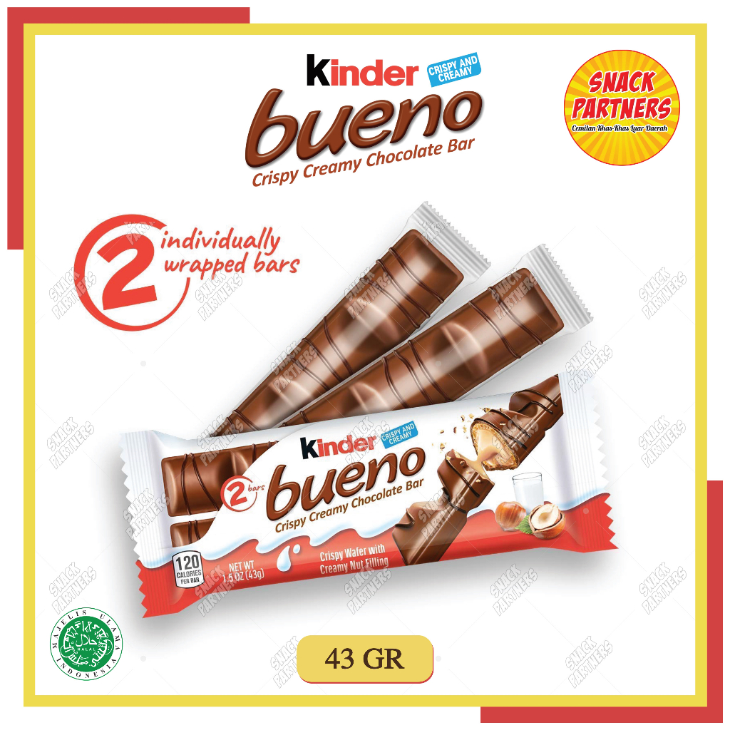 

KINDER BUENO Milk Chocolate and Hazelnut Cream Candy Bar 43 GR - Wafer Lapis Coklat Isi Krim Susu Lumer dan Kacang Hazel - Ferrero Ferero Fererro