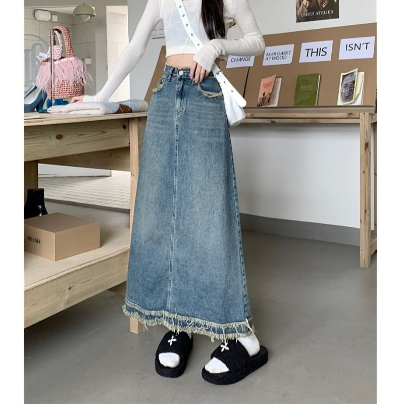 Korean Style Highwaist Rok Jeans Fishtail Rawis Biru Retro
