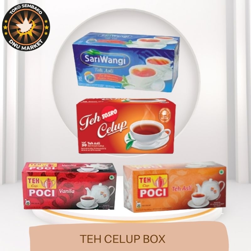 

SARIWANGI TEH CELUP ASLI BOX 25 KANTONG | SOSRO TEH CELUP BLACK TEA BOX 30 KANTONG | POCI TEH CELUP BOX 25 KANTONG | POCI TEH CELUP VANILLA BOX 25 KANTONG