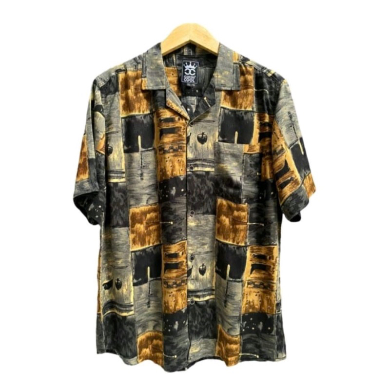 Kemeja Pria Hawai/ Kemeja Pantai Abstrak Vintage Casual Lengan Pendek Retro Bahan Rayon Viscose import adem-R-Gold