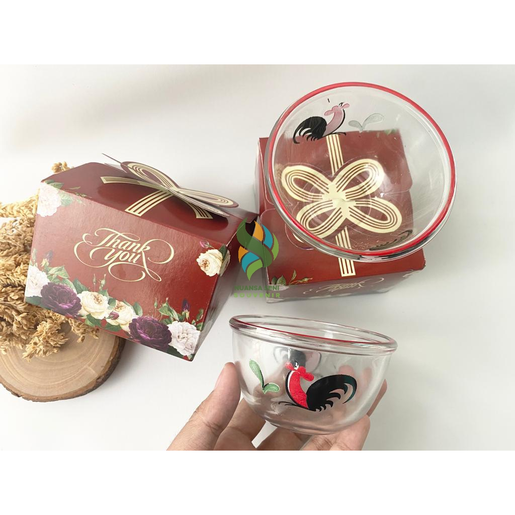Souvenir Mangkok BIB3.75 DKR Ayam Jago Mangkuk Sambal Kaca Motif Ayam Kaca Bening Kemas Paper Box