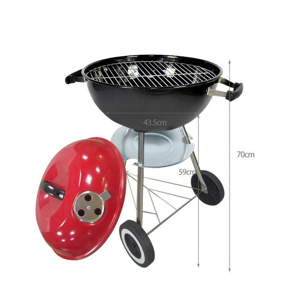 Trolley Barbecue Charcoal Grill 17 Inch BBQ Premium Outdoor Cooking Camping Red Kettle Grill Tailgating Portable Round Thickened Grilling Bowl with Wheels