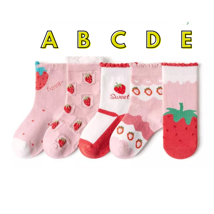 Kaos Kaki Anak Perempuan Sekolah TK SD Motif Pink Buah Strawberry Fashion Cewek Korea Socks Kids J8