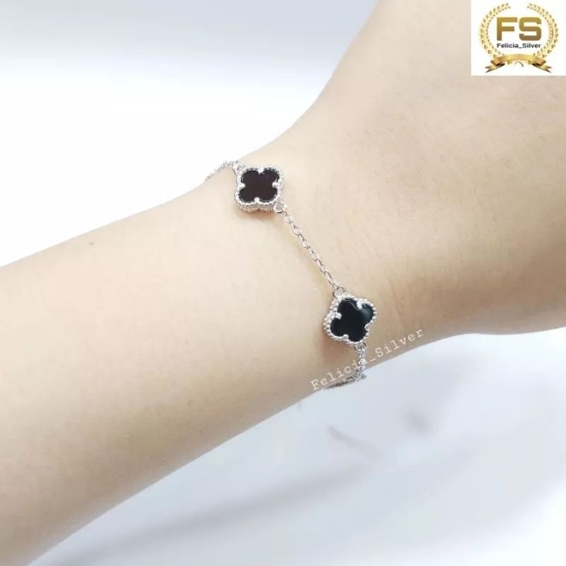 Gelang Clover Perak Asli Silver 925 Lapis Emas Putih Asli Model Emas Gelang Bunga Hitam - Perak Asli