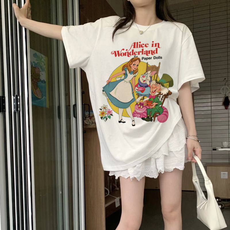 Print T-shirt Kaos Lengan Pendek Cartoon Alice Oversize Atasan Wanita Korean Style