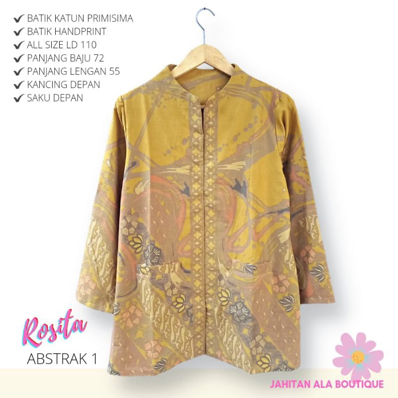 Blouse Batik Wanita Modern Atasan Blus Batik Kerja Premium Asli Solo Model Rosita Motif Abstrak Kuni
