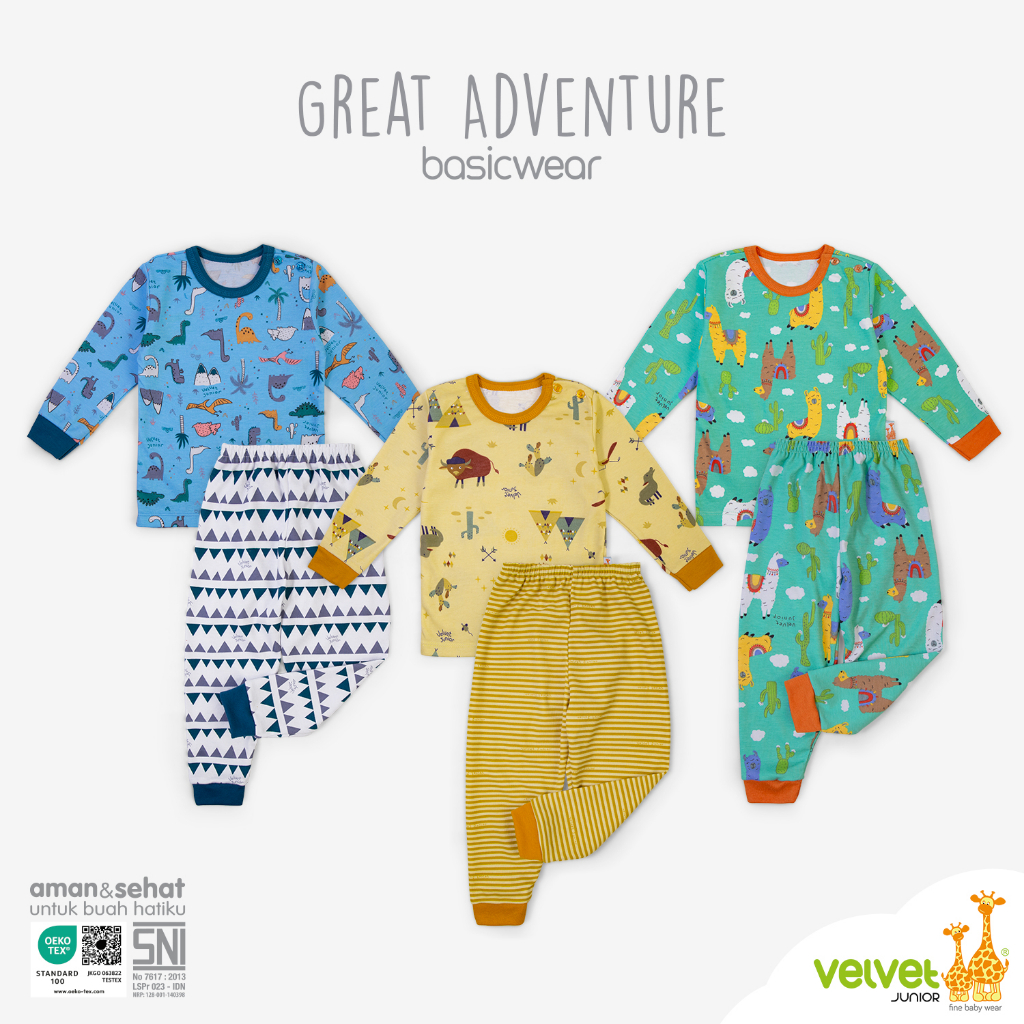 [Size LB] Velvet Junior Great Adventure Setelan Oblong Panjang Kancing Pundak 3 Pcs