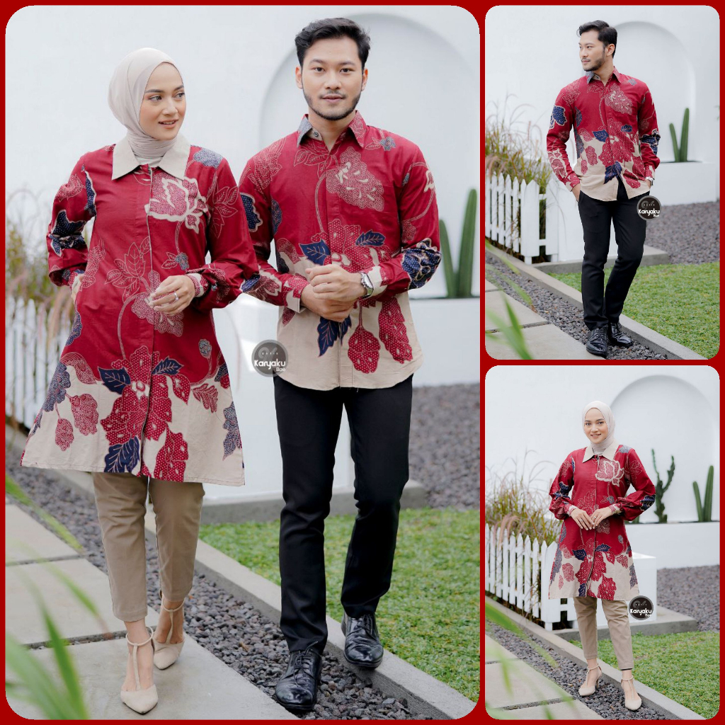 BATIK COUPLE MODERN MOTIF MAWAR MERAH KEMEJA &amp; TUNIK BATIK ATASAN BATIK WANITA BATIK PRIA