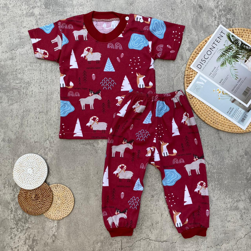 Setelan Baju Bayi Piyama Bayi Lengan Pendek Celana Panjang Kancing Pundak Motif Printing Rubah Usia 3-12 Bulan Anababy