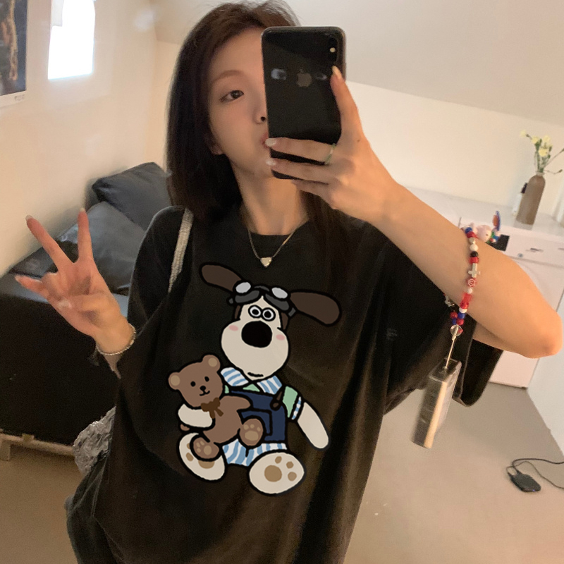 Print Washed T-shirt Kaos Lengan Pendek Oversize Cartoon Harpy Dog Korean Style Atasan Wanita