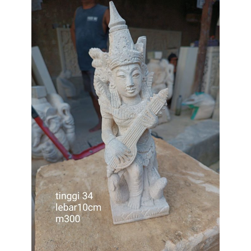patung Dewi Saraswati batu putih 34cm