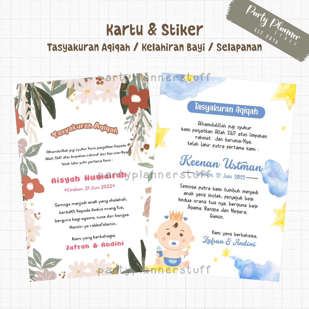 Kartu stiker ucapan tasyakuran syukuran kelahiran / kartu ucapan tasyakuran aqiqah / selapanan bayi 