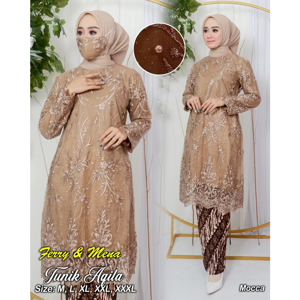 ADE&gt; SET KEBAYA TUNIK AQILA - TUNIK KEBAYA JUMBO MODERN - BAJU KEBAYA TULLE - OUTFIT KEBAYA PESTA CANTIK - KEBAYA BIG SIZE