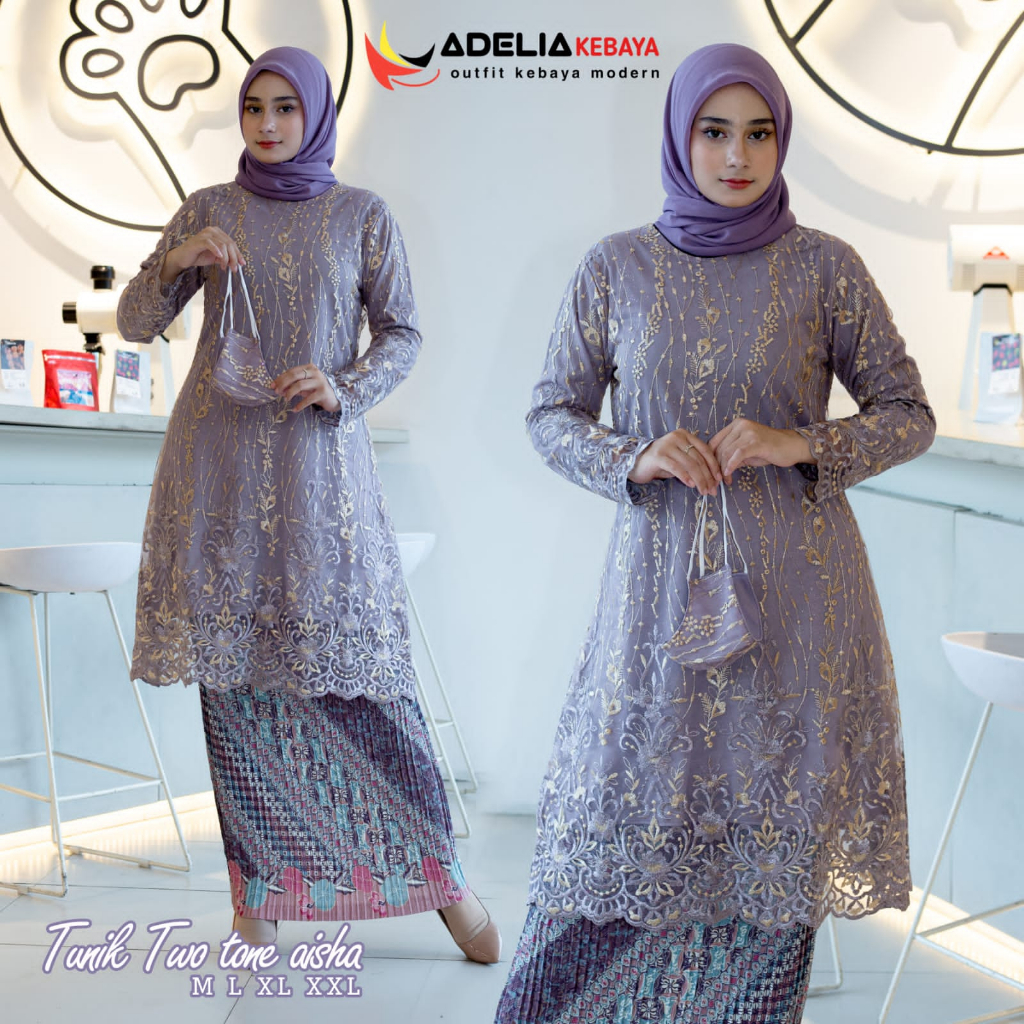 ( COD ) Setelan kebaya tunik twotone aisyah - kebaya modern - outfit kekinian - bahan tulle bordir kombinasi dua warna - pakaian pesta keluarga, kondangan, baju nikahan, wisuda, dan akad