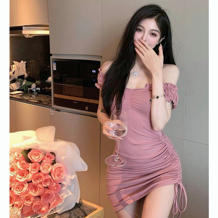 Cohan DR826 ONE LINE NECK BUBBLE SLEEVED DRESS FOR WOMEN'S SUMMER  DRAWSTRING DESIGN SENSE, NICHE SPICY GIRL TEMPERAMENT PINK DRESS