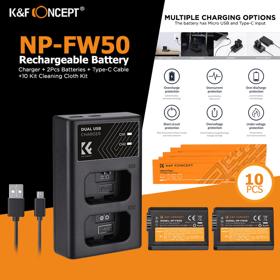 KNF Concept Battery Sony NP-FW50 2-Pack + Dual Charger + Cleanin Cloth