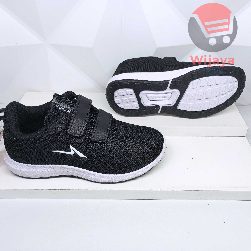 Sepatu Sekolah Ando 31-34 Sneaker Anak Hitam Polos Putih Strap Velcro yang Praktis PINO LIAM BSC