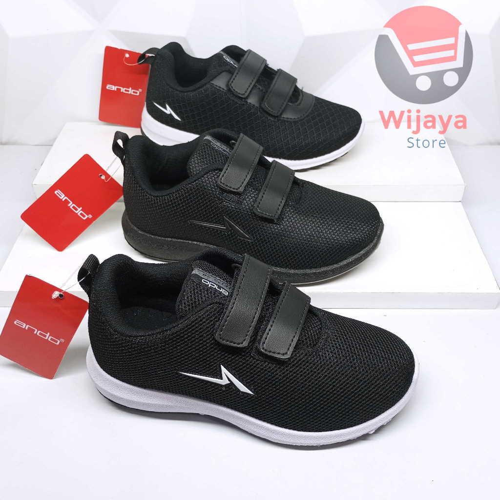 Sepatu Sekolah Ando 31-34 Sneaker Anak Hitam Polos Putih Strap Velcro yang Praktis PINO LIAM BSC