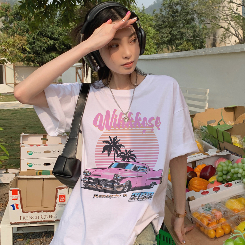 EUNII T-shirt Lengan Pendek Retro Pink Desert Car Printing Korean Style/Kaos Atasan Wanita/Baju Wanita/Kaos Wanita