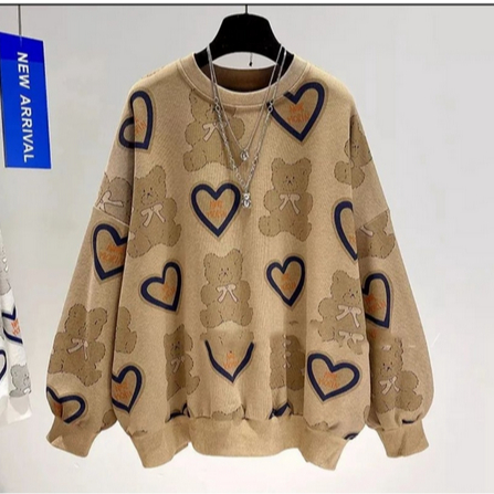 Love Bear Fullprint Sweater Lucu Wanita - LOVE BEAR Pull Print Crewneck Sweaetr Oversize - Sweatshirt Wanita