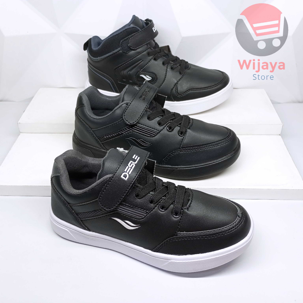 Sepatu Sekolah Desle 34-37 Sneaker Anak Boot Tinggi Hitam Polos Putih Bahan Kulit Sintetis Premium Strap Velcro CALVIN LUTHER KEVIN COSTNER