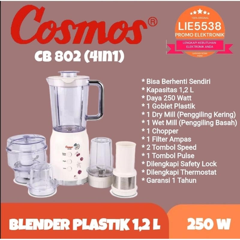 Blender COSMOS CB 802 / CB802  (4in1) Bisa Berhenti Sendiri With Chopper + Filter Ampas GARANSI RESMI