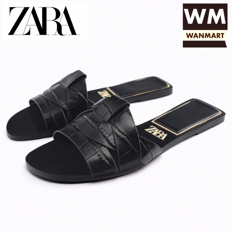 ZARA Women Sandal Flat Criss Cross Leather Slider Sendal Wanita Black